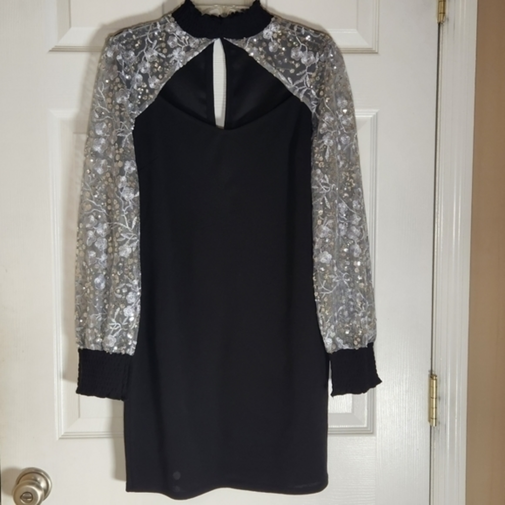 Max & Ash Black Turtleneck Mini Dress Large Sheer Sleeves Sequins Shaping